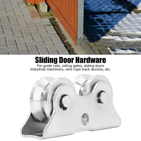 Groove Wheel V Shaped Detachable Track Gate Wheels With Double Bearing Caster And Bracket in metal construction, installed view.