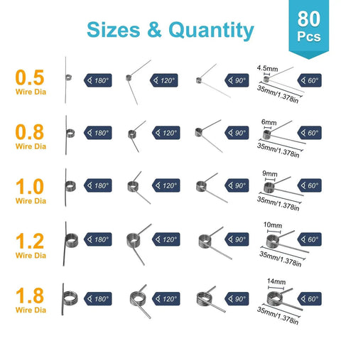 80 Piece Torsion Spring Assortment Kit Featuring 20 Sizes And 60 90 120 180 Degree Small Stainless Steel Torsion Springs For Crafting And Diy Repairs chart showing wire diameter, angle, and dimensions.