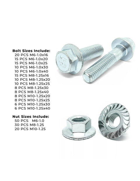 Grade 10.9 JIS hex flange bolts set, zinc finish, M6–M10, includes flange nuts and serrated washers