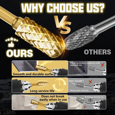 Comparison of gold titanium carbide burr for die grinder with others, showing smooth surface and durability benefits.