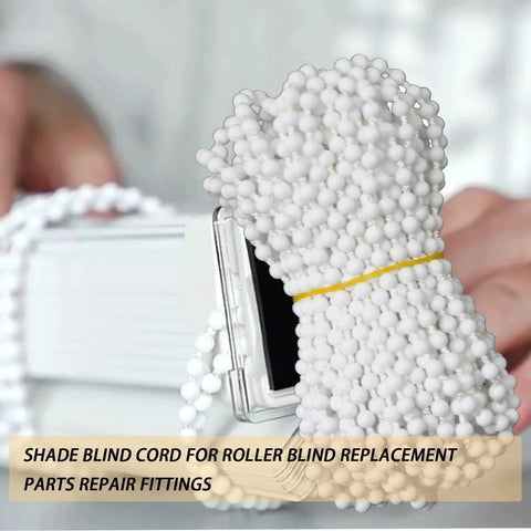 Bundle of white bead chain cord for roller blinds replacement 10 yards with 12 ball chain connectors and fittings visible in the image.