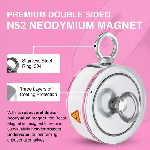 Front view of 2000 LB Double Sided Neodymium Fishing Magnet With Threadlocker for treasures, highlighting stainless steel ring and coating.