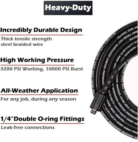 Pressure washer hose, 1/4 in x 30 ft, steel braided with rubber jacket, black coil, M22-14mm fittings, 3200 PSI