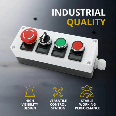 22mm Control Station Box Set with red and green push buttons, rotary switch, mushroom emergency stop for industrial panels.