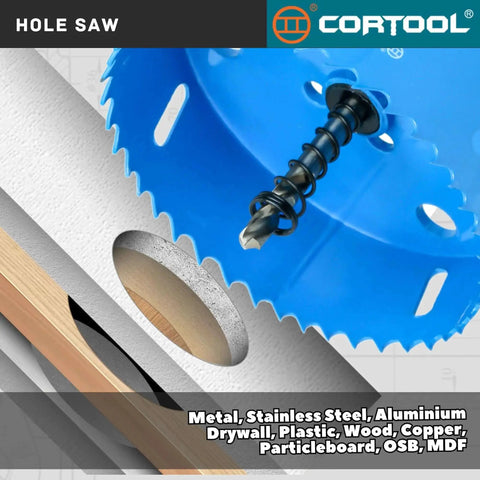 Close-up of a blue 3 Inch Hole Saw With Arbor For Metal And Wood Cutting Bi Metal Hole Cutter Kit, cutting through material.