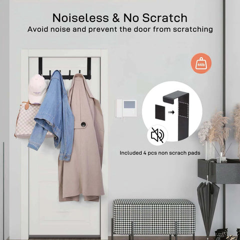 Over-the-door hooks with coats, highlighting noiseless feature and scratch prevention pads included.