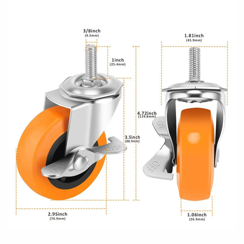 Beefy Heavy Duty 3 Inch Caster Wheels Set Of Four With Locking Swivel Casters And Brakes, Threaded Stem Three Eighths Inch By One Inch