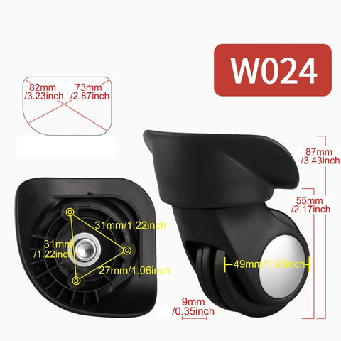 Luggage Spinner Wheels Set for Suitcases Left and Right 360 Degree Swivel Plastic Caster Wheels Replacement, model W024 close-up