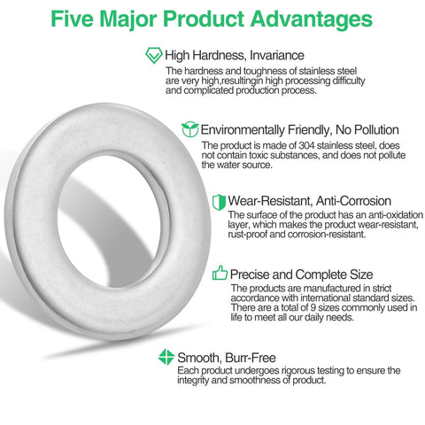 Front view of a 304 stainless steel flat washer; 580-piece set in 9 sizes (M2–M12) on white background