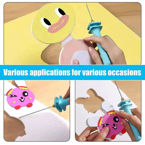 Person using 30W Foam Cutter Pen Kit With 15cm Hot Wire Power Adapter Electric Cutting Tool For Styrofoam Foam Carving And Model Making Art Projects 300C Max Temperature 12V 2.5A Supply Up To 30 Minutes Continuous Cutting to cut foam figures.