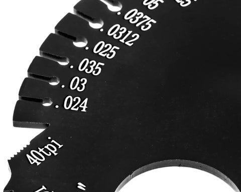 Close-up of Dual Metric And Imperial Thread Pitch Gauge Set With Carrying Case Two Pack showing laser-etched scales.