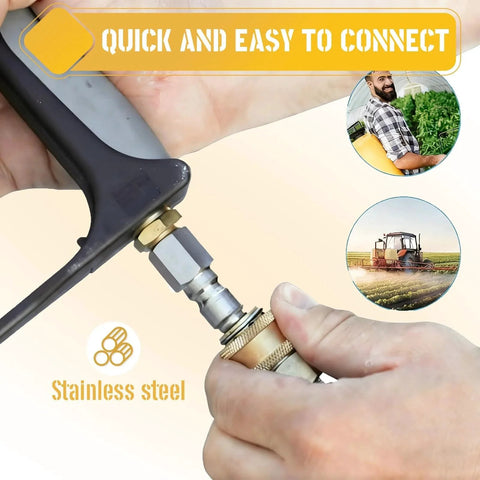 Two Pack Stainless Steel Pressure Washer Quick Connect Plugs 1/4 Inch Or 3/8 Inch Male To Female NPT Fittings For Quick Connect Couplers, Built Tough 5000 PSI, Includes 1/4 And 3/8 Options in use with hose connection.