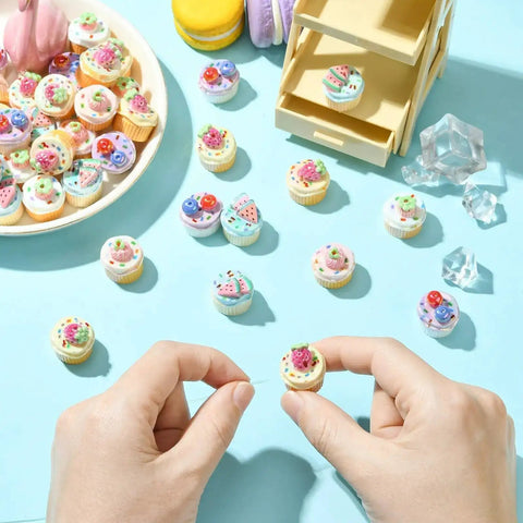 Hands crafting with Imitation Food Resin Beads Set 30 Pcs 3D Fruit Cupcake Mini Dessert Spacers for jewelry and decor projects
