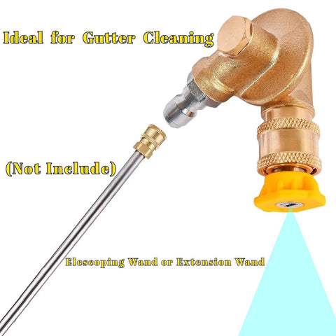 Eight Pack Pivoting Pressure Washer Nozzle Kit With Seven Angles And Two Hundred Forty Degree Rotation One Quarter Inch Quick Connect Includes Jet Stream Nozzles And Gutter Cleaner Tips For Up To Four Thousand Five Hundred PSI Hardcore Grime Removal, showing nozzle and stream.