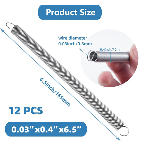 12 pcs stainless steel extension springs with hooks, 0.03 in dia x 0.4 in coil, 6.5 in length