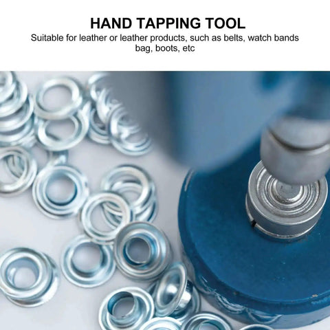 Close-up of 10mm Steel Eyelet Punch Tool and base kit with 100 silver eyelets for DIY leathercraft, showing grommet installation detail.