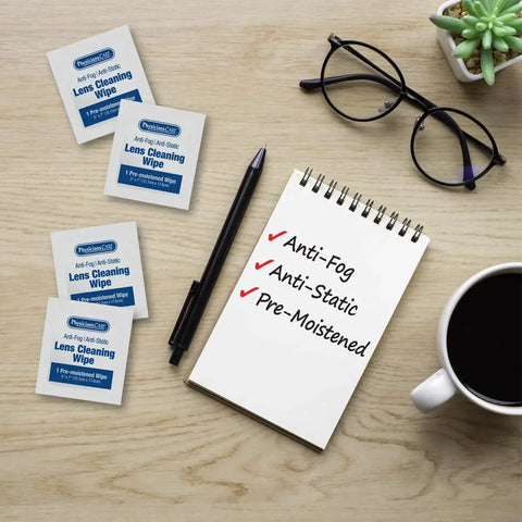 Anti-Fog And Anti-Static Lens Wipes For Glasses In Pre-Moistened Packets with glasses and notepad on table