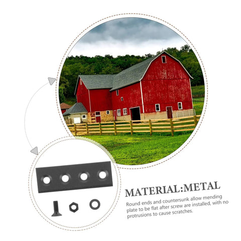 DIY Ready Sliding Barn Door Connector Kit with metal splice brackets, screws, and nuts shown with a red barn and wooden fence.