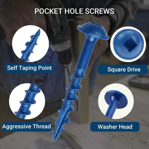 680 Piece Pocket Hole Screw Set With Five Sizes Blue Ceramic Coated and Zinc Coated; screw features including square drive.