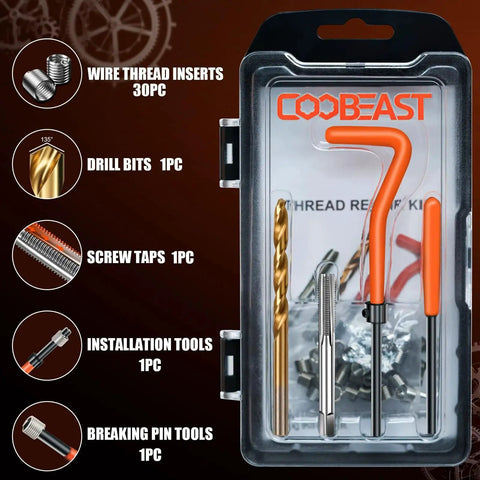 Thread Repair Kit With HSS Drill Bit And 30 Stainless Inserts M6x1 Rethreading in case showing tools and inserts.