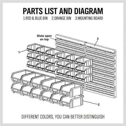 Diagram of 30 Bin Wall Mounted Storage Rack System For Heavy Duty Garage Organization With Pegboard Panels showing labeled parts