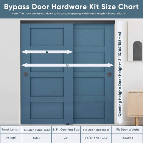 8 Foot Heavy Duty Bypass Door Hardware With Finger Pulls, Aluminum Sliding Closet Door Track For Two Door System, Quiet And Smooth Operation, Fits Door Thickness 1 3 8 Inch Or 1 3 4 Inch, Easy To Install, Black shown with size chart