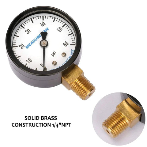 Two Pack 2 Inch Dry And Utility Pressure Gauges 0 To 60 Psi With One Quarter Inch NPT Lower Mount Brass Wetted Parts Black Steel Case