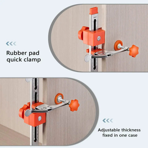 Toggle Clamp And Magnetic Arm Drawer Slide Jig for Fast Cabinet Installations with dual scale construction shown in use.