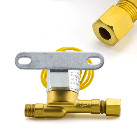 4040 humidifier solenoid valve with brass body, threaded inlet/outlet fittings, and yellow coil on mounting bracket