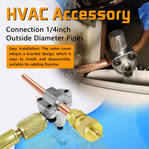 HVAC service valve; copper tubing with brass fittings and silver valve body, yellow connector