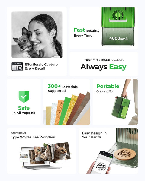 Lightning Fast 4000mm Per Second Laser Engraver For Wood Leather Acrylic Glass Portable F1 Lite By XTool showing portability and materials.