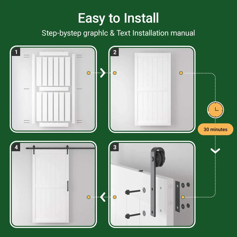 White Sliding Barn Door With 8 Foot Hardware Kit For Easy Assembly No Fuss Setup 48 By 84 Inches Waterproof PVC Surface pre-drilled