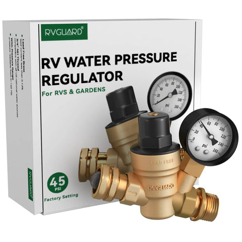 RV water pressure regulator valve by RVGUARD, brass with gauge and inlet screen for RVs