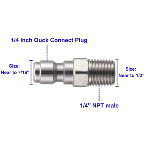 Heavy Duty 2 Pack 1 Quarter Quick Connect to Male NPT Fittings for Pressure Washers, 5000 PSI, Stainless Steel, Side View