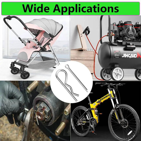 300 Piece Cotter Pin And R Clip Set For Car And Home Use With Zinc Plated Steel Fasteners Includes Multiple Sizes M1.6 M2.5 M3.2 M4 And Inch Sizes 3/32 5/32 5/64 7/64 9/64 Hair Pins And Hitch Pins displayed with a stroller, air compressor, bicycle, and mechanical use.