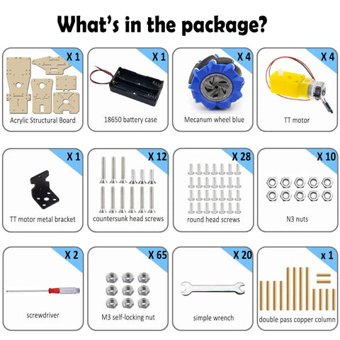 Contents of 4WD Mecanum Wheel Smart Car Chassis Kit For Arduino R3 R4 Leonardo And Raspberry Pi Projects with various components