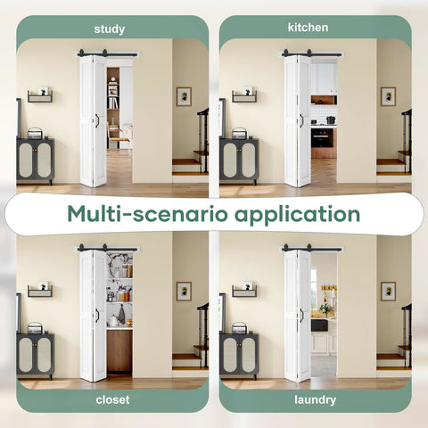 Multi-scenario applications of the 36 Inch By 84 Inch Bifold Barn Door System With Hardware Kit Included For Two Doors Bi Fold Sliding Closet Doors 40 Inch Track Kit Waterproof Construction Pre Drilled Holes For Easy Assembly White Finish Space Saving No Fuss Setup Modern Home Upgrade in study, kitchen, closet, and laundry.