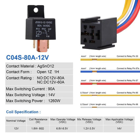 Diagram of Two Pack 12V 80A Heavy Duty SPDT Car Relay With Harness And Socket Kit, showing specifications and wiring details.