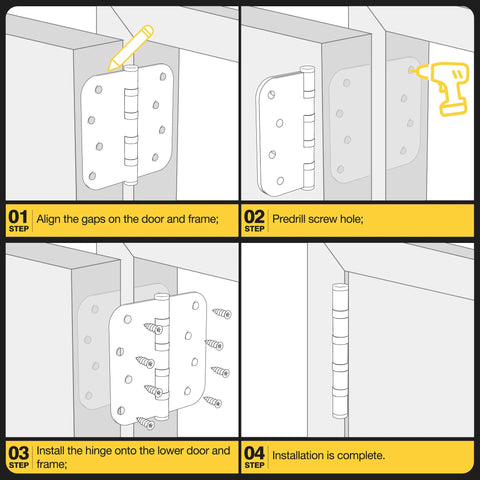 KOLET 4x4 inch ball bearing door hinges, matte black stainless steel, 3-pack; installation steps diagram with screws