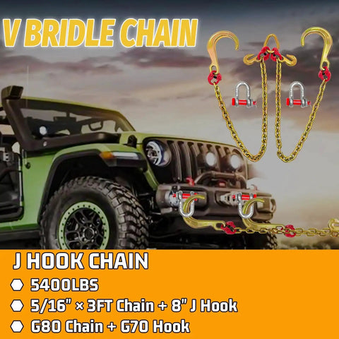 Heavy Duty Grade 80 V Bridle Towing Chain 5/16 Inch, 3 Feet With 8 Inch Hooks, 5400 Lbs Working Load Limit For Rollback Car Carrier