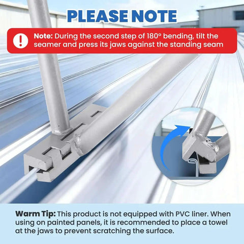 Heavy Duty 2-In-1 Hand Seamer for Sheet Metal Bending on a standing seam roof with focus on seamer jaws during 180-degree bending.
