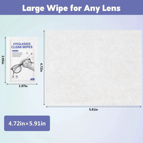 200 Pack Lens Wipes For Glasses And Devices Individually Wrapped showing dimensions 4.72in x 5.91in and wipe packaging