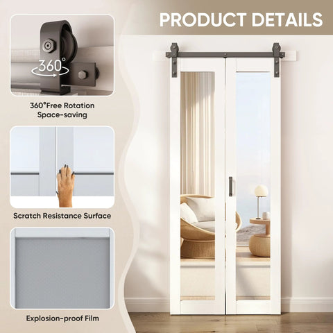 Bi Fold Barn Door With Mirror Panels And Track Kit For Closet 36 By 84 Inches Shatterproof MDF Mirror Doors With Explosion Proof Backing Includes Carbon Steel Hardware And Handles Easy Sliding Barn Door System