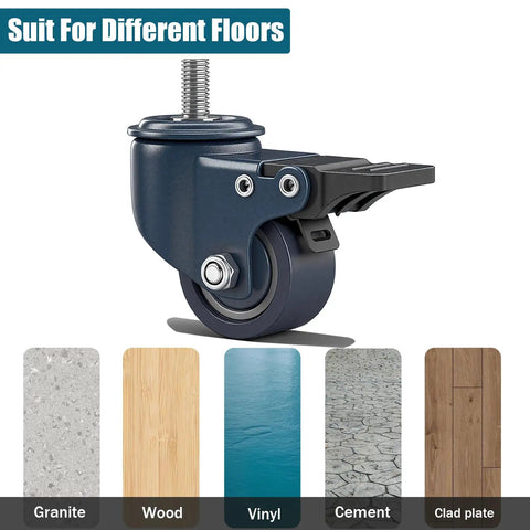Heavy Duty M8 1.25 Threaded Stem Caster Wheels Set Of 4 1.6 Inch Swivel PU Castors with Locking Brake for various floors.