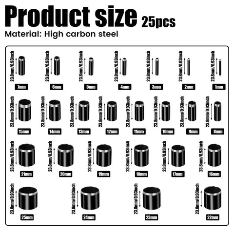 Product size chart for Leather Circle Cutter Tool Set With 25 Pcs Hole Punch Die Carbon Steel Punching Kit, showing various punch sizes.