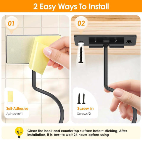 Two installation methods for a wall hook: self-adhesive application on tile wall, and screw mounting on wooden surface.