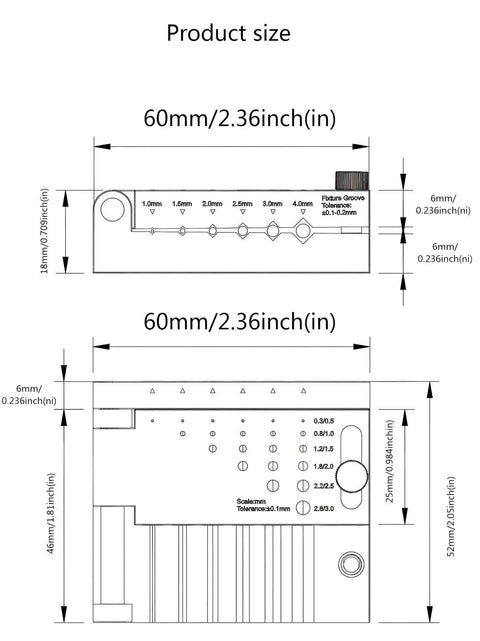 Detailed dimensions of Round Rod Center Locator Drill Guide Jig For Precise Hole Positioning With Adjustable Drilling Size 0.3-3 mm And 1-4 mm Bar Compatibility