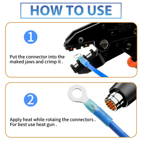 Heat shrink connectors kit front view: crimp tool crimping blue ring terminal on wire
Heat shrink connectors kit close-up: heat gun heating blue heat-shrink sleeve over terminal