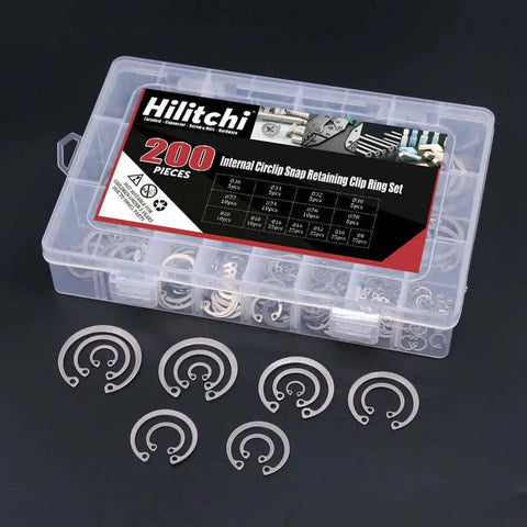 Internal Circlip Snap Ring Kit 200-Piece 15-Size Assortment in 304 Stainless Steel with visible rings and container