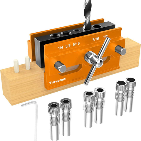 Self Centering Dowel Jig Kit With Drill Guide Bushings For Woodworking Pros, Six Hardened Steel Bushings And Drill Hole Sizes